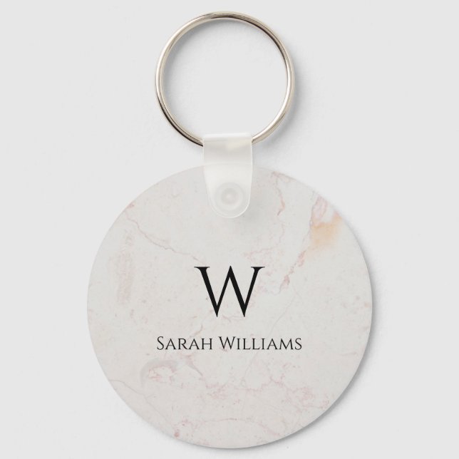 White Marble Monogram Modern Black Name & Initial Keychain (Front)