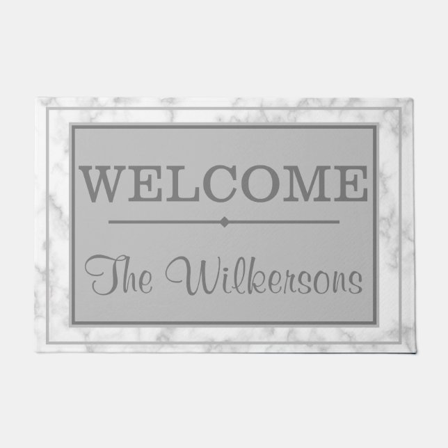 White Marble Mr. and Mrs. Welcome Family Name Doormat (Front)
