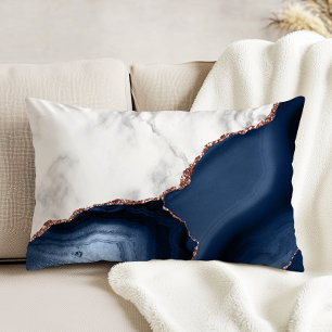 White Marble Navy Blue Agate Rose Gold Glitter Accent Pillow