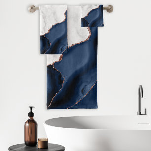 White Marble Navy Blue Agate Rose Gold Glitter Bath Towel Set