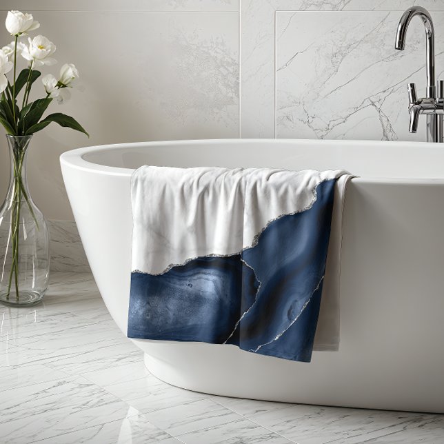 White Marble Navy Blue Agate Silver Glitter Bath Towel (Creator Uploaded)