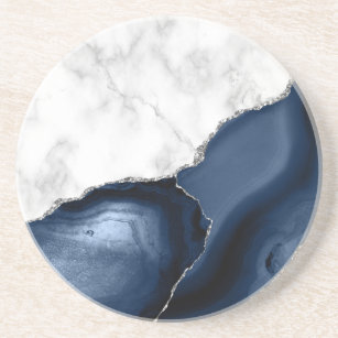 White Marble Navy Blue Agate Silver Glitter Coaster