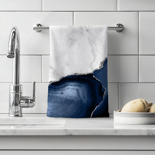 White Marble Navy Blue Agate Silver Glitter Hand Towel (Creator Uploaded)