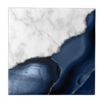 White Marble Navy Blue Agate Silver Glitter Tile<br><div class="desc">Elegant white marble and navy blue agate trimmed with faux silver glitter combine in this luxurious ceramic tile.</div>