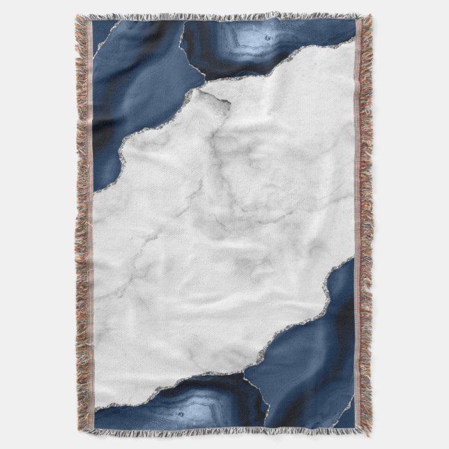 White Marble Navy Blue Agate Silver Throw Blanket (Front Vertical)