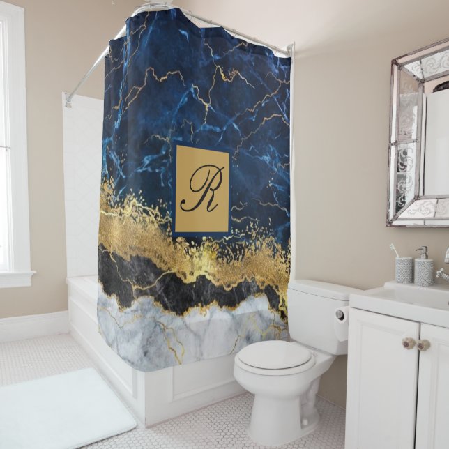 White Marble Navy Blue Gold Agate Monogram (In Situ)