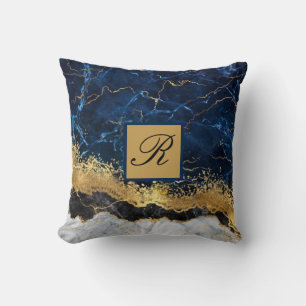 White Marble Navy Blue Gold Agate Monogram Throw P Pillow