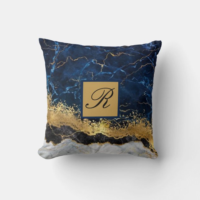 White Marble Navy Blue Gold Agate Monogram Throw P Throw Pillow (Front)