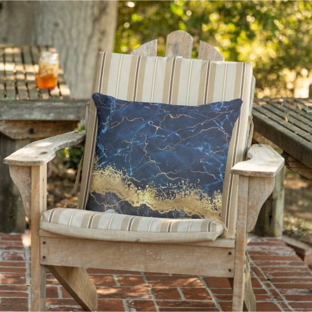 White Marble Navy Blue Gold Agate Outdoor Pillow (Chair)