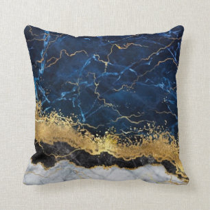 White Marble Navy Blue Gold Agate Throw Pillow