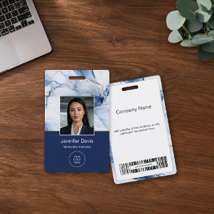 White Marble Navy Blue Gold Custom Name Badge