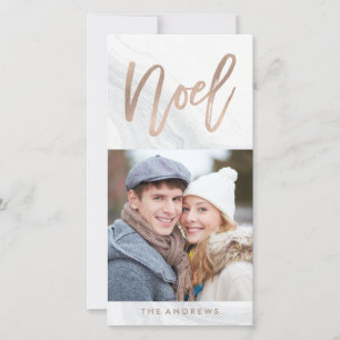 White Marble Noel Holiday Photo Card in Bronze