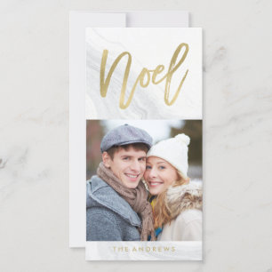 White Marble Noel Holiday Photo Card in Gold