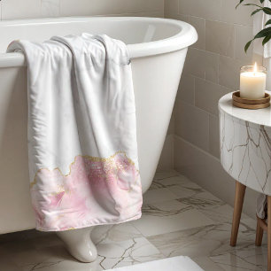 White Marble Pastel Pink Agate Gold Glitter Bath Towel