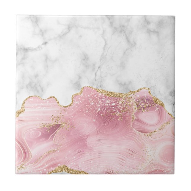 White Marble Pastel Pink Agate Gold Glitter  Tile (Front)