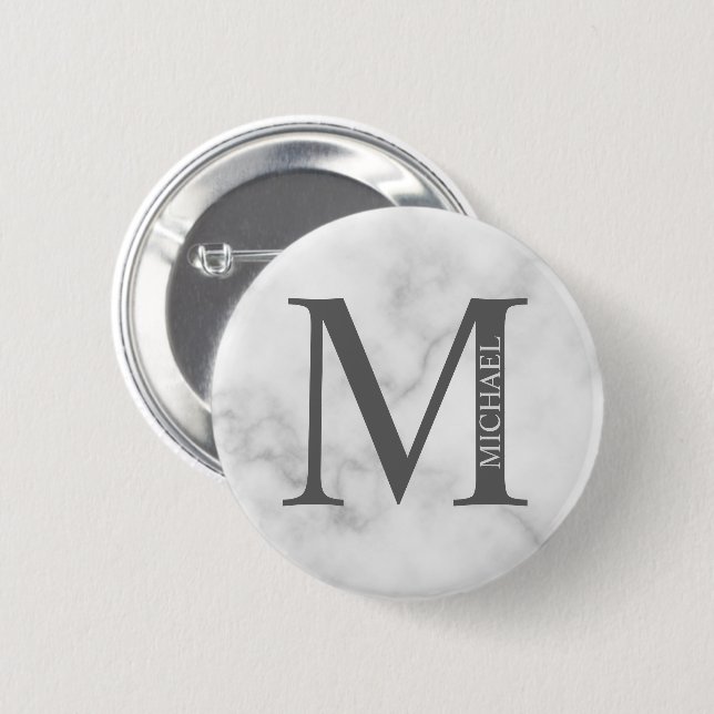 White Marble Personalized Monogram and Name 2 Inch Round Button (Front & Back)