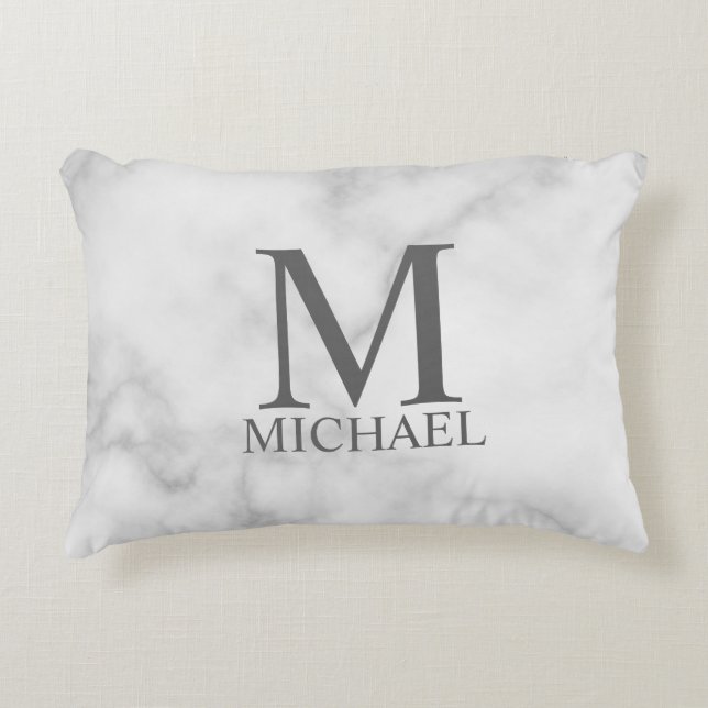 White Marble Personalized Monogram and Name Accent Pillow (Front)