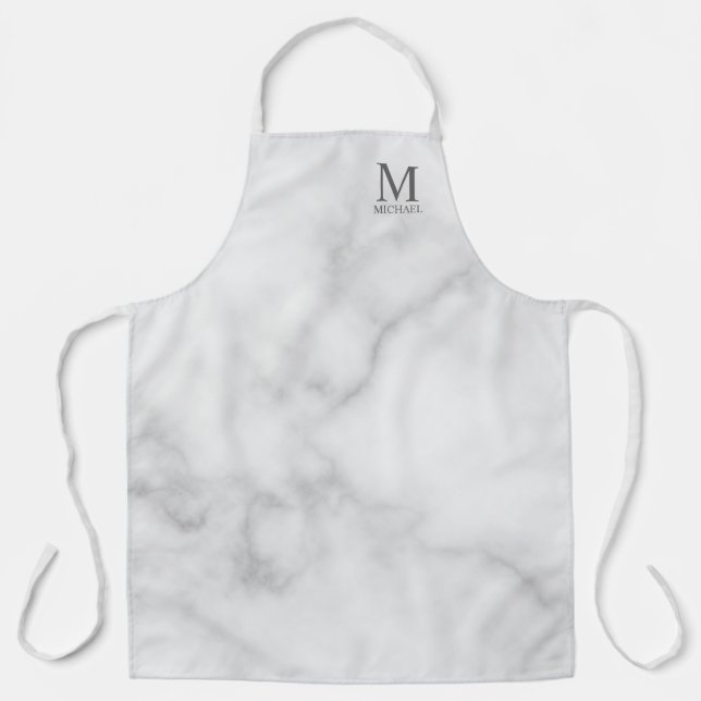 White Marble Personalized Monogram and Name  Apron (Front)