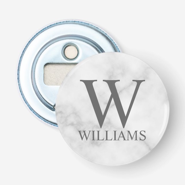 White Marble Personalized Monogram and Name Bottle Opener (Front)