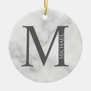 White Marble Personalized Monogram and Name Ceramic Ornament