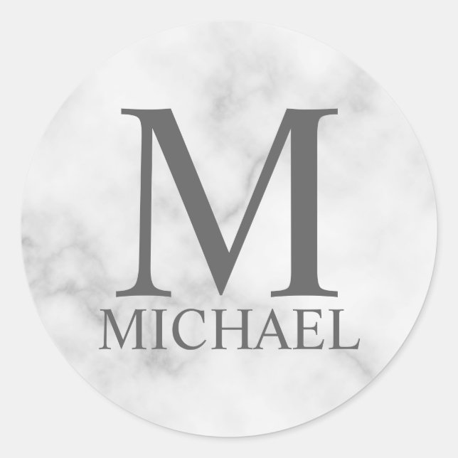 White Marble Personalized Monogram and Name Classic Round Sticker (Front)