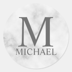 White Marble Personalized Monogram and Name Classic Round Sticker