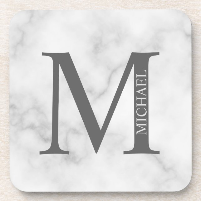 White Marble Personalized Monogram and Name Coaster (Front)