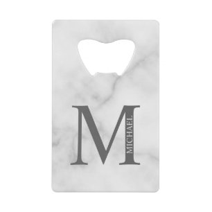 White Marble Personalized Monogram and Name  Credit Card Bottle Opener