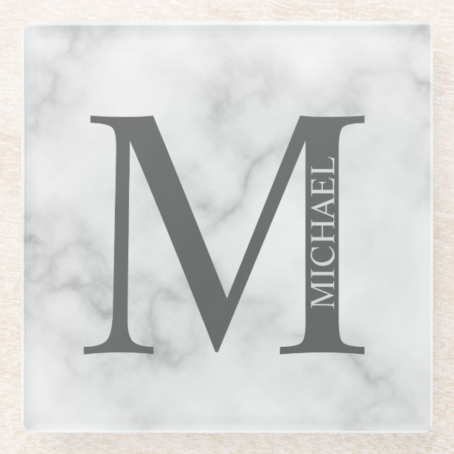 White Marble Personalized Monogram and Name Glass Coaster (Front)