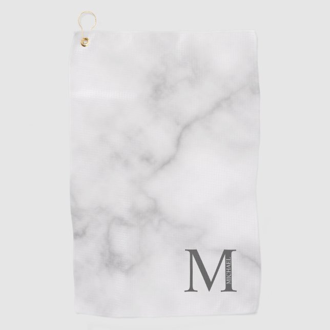 White Marble Personalized Monogram and Name Golf Towel (Front)
