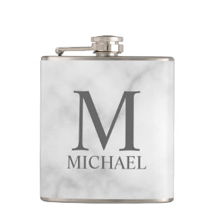 White Marble Personalized Monogram and Name  Hip Flask