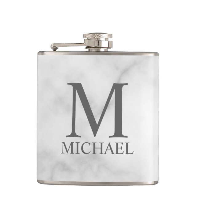 White Marble Personalized Monogram and Name  Hip Flask (Front)