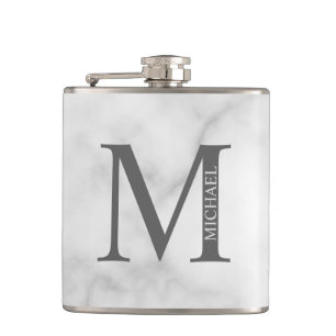 White Marble Personalized Monogram and Name  Hip Flask