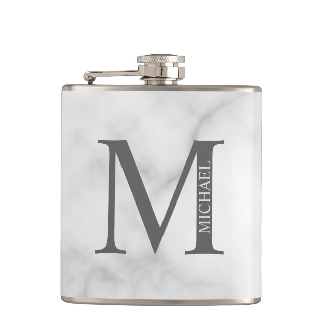 White Marble Personalized Monogram and Name  Hip Flask (Front)