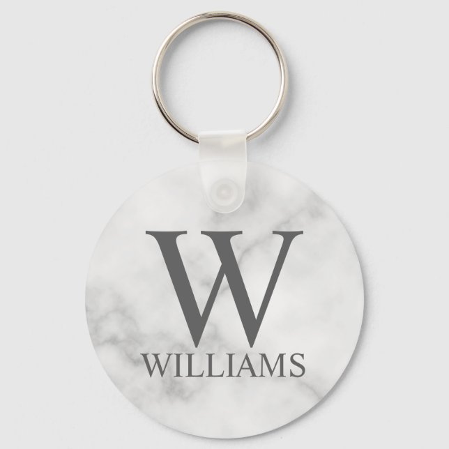 White Marble Personalized Monogram and Name Keychain (Front)