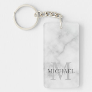 White Marble Personalized Monogram and Name Keychain