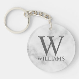 White Marble Personalized Monogram and Name Keychain