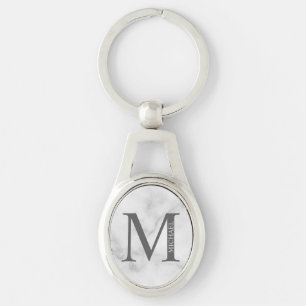 White Marble Personalized Monogram and Name Keychain