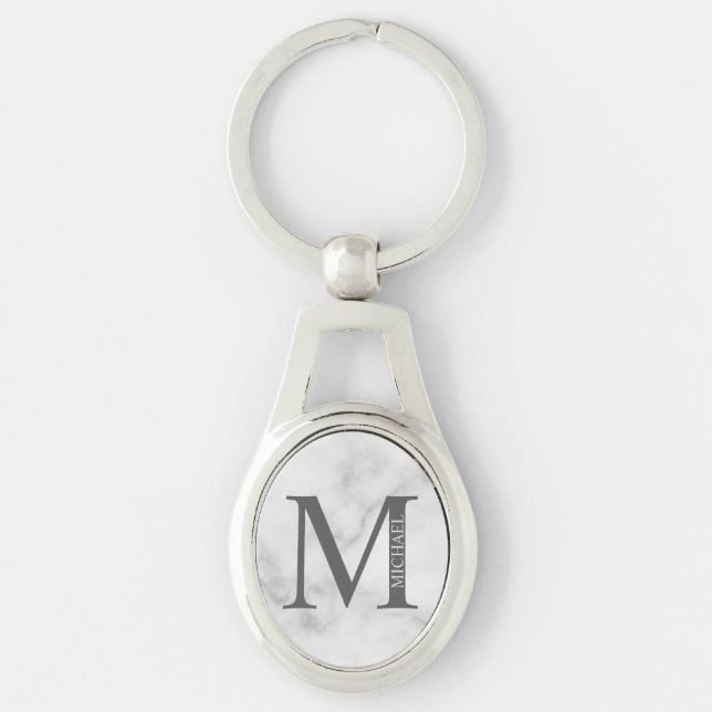 White Marble Personalized Monogram and Name Keychain (Front)