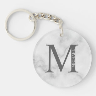 White Marble Personalized Monogram and Name Keychain