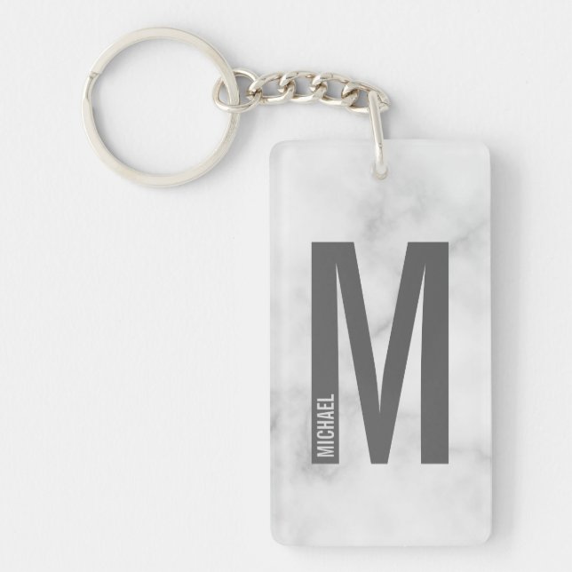 White Marble Personalized Monogram and Name Keychain (Front)