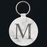 White Marble Personalized Monogram and Name Keychain<br><div class="desc">Personalized Monogram and Name Gift features personalized monogram and name in classic serif font style. Perfect as father's day gifts for dad, gifts for groomsmen and for any special occasions. Please note: The marble details are simulated in the artwork. No actual marble will be used in the making of this...</div>