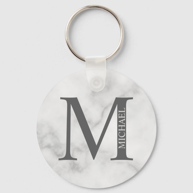 White Marble Personalized Monogram and Name Keychain (Front)