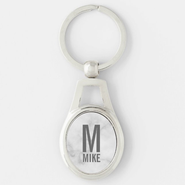 White Marble Personalized Monogram and Name  Keychain (Front)