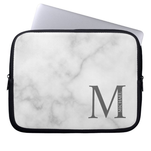 White Marble Personalized Monogram and Name Laptop Sleeve (Front)