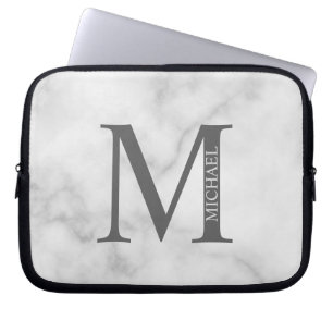 White Marble Personalized Monogram and Name Laptop Sleeve