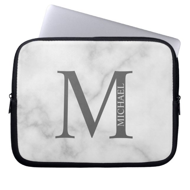 White Marble Personalized Monogram and Name Laptop Sleeve (Front)