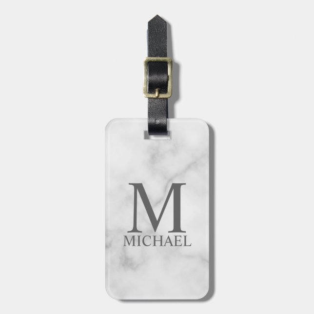 White Marble Personalized Monogram and Name Luggage Tag (Front Vertical)