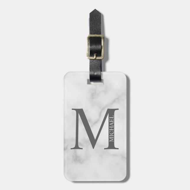 White Marble Personalized Monogram and Name Luggage Tag (Front Vertical)