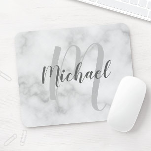 White Marble Personalized Monogram and Name Mouse Pad